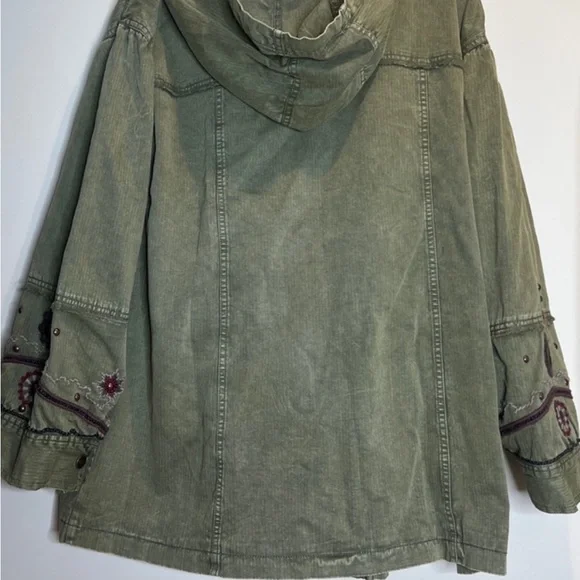 Free People “So Down” Military Olive Utility Jacket with Burgundy Details
